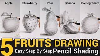 How To Draw 5 Fruits  Apple Strawberry Pear Banana Pomegranate with Pencil Shading Drawing [upl. by Stander7]