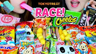 ASMR JAPANESE SNACKS RACE EATING COMPETITION CHOCOLATE KITKAT MARSHMALLOW POCKY GUMMY CHEETOS [upl. by Helaine120]