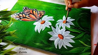 Easy Flower with Butterfly Painting Tutorial  Butterfly Flower Acrylic Painting [upl. by Isiad]