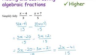 Adding and subtracting algebraic fractions  Higher GCSE  JaggersMaths [upl. by Emelia]