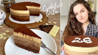 CSOKITRIÓ 🍫🤍🤎  Triplacsokis Mousse torta  BebePiskóta [upl. by Ackler]