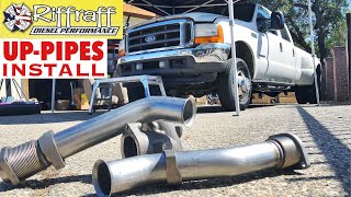 2001 F350 73  RiffRaff UpPipes Install  Stock up pipes leaking and falling apart JUNK SP [upl. by Amirak656]