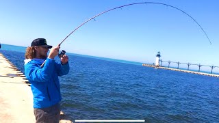 Pier Fishing Lake Michigan SALMON  Unexpected MASSIVE CATCH [upl. by Ligetti694]