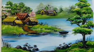 Village Scenery in Beautiful Landscape  Acrylic Painting [upl. by Thoer51]