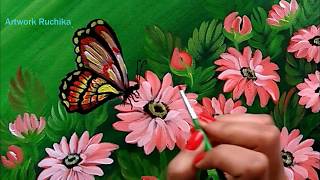 Beautiful Flowers and a Butterfly  Acrylic Painting Tutorial [upl. by Aek]