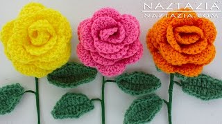 HOW to CROCHET a BEGINNER EASY FLOWER  DIY Rose Rosas Bouquet Flowers Leaf Leaves Stem Tutorial [upl. by Shirlene]