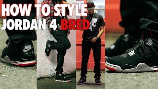 HOW TO STYLE  AIR JORDAN 4 quotBREDquot Review On Feet Outfits [upl. by Ahsinnod645]