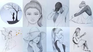 8 easy girl drawing ideas  part 1   Pencil sketch Tutorials  Art Videos [upl. by Elah]