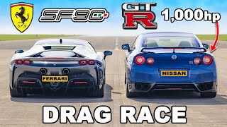 Ferrari SF90 v 1000hp Nissan GTR DRAG RACE [upl. by Ondrej]