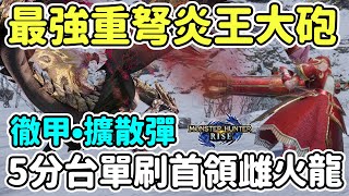 【Anny魔獵攻略】最強重弩炎王大砲  徹甲擴散彈爆炸輸出  5分台首領雌火龍完整解說  隨從選擇  貓飯糰子  道具袋amp捷徑設定  新手攻略【魔物獵人崛起】 [upl. by Notsek]