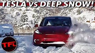 Can Deep Snow STOP a Tesla We Find Out [upl. by Bronson]