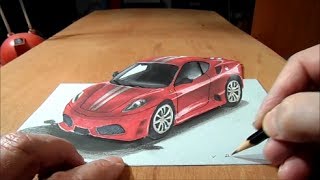 How to Draw 3D car  Drawing Ferrari  3D Trick Art Graphic [upl. by Mckay]