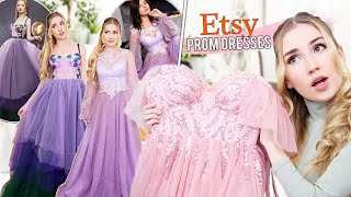 TRYING ON ETSY PROM DRESSES   most beautiful dresses ever [upl. by Aneeg]